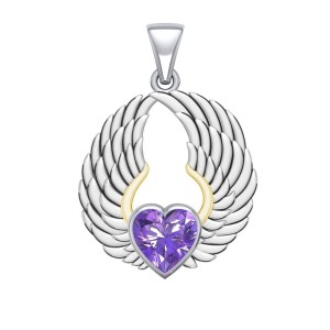 Amethyst Gemstone Heart & Angel Wings Pendant 