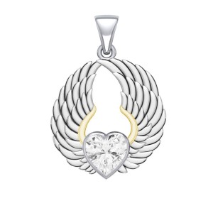 White Cubic Zirconia Gemstone Heart & Angel Wings Pendant 
