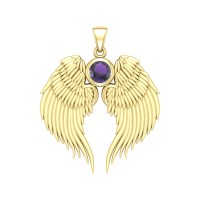 Guardian Angel Wings Gold Pendant with Amethyst Birthstone 