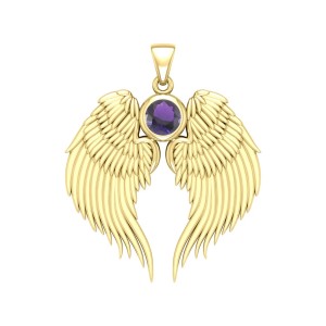 Guardian Angel Wings Gold Pendant with Amethyst Birthstone 