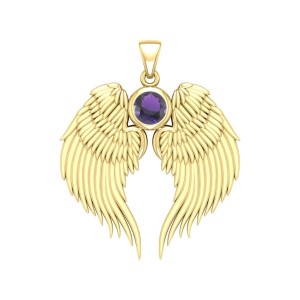 Guardian Angel Wings Gold Pendant with Amethyst Birthstone 