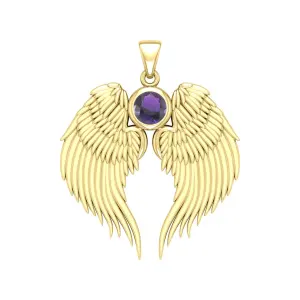 Guardian Angel Wings Gold Pendant with Amethyst Birthstone 