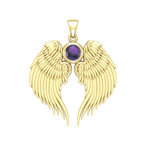 Guardian Angel Wings Gold Pendant with Amethyst Birthstone 