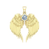 Guardian Angel Wings Gold Pendant with Aquamarine Birthstone 