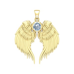 Guardian Angel Wings Gold Pendant with Aquamarine Birthstone 