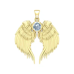 Guardian Angel Wings Gold Pendant with Aquamarine Birthstone 