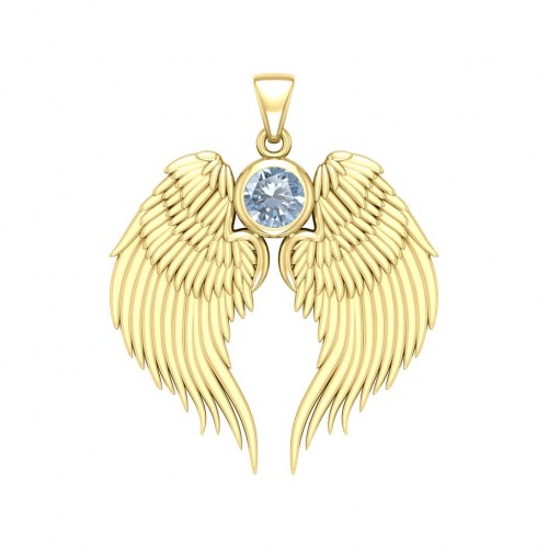 Guardian Angel Wings Gold Pendant with Aquamarine Birthstone 