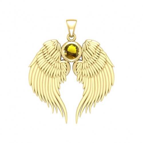 Guardian Angel Wings Gold Pendant with Citrine Birthstone 