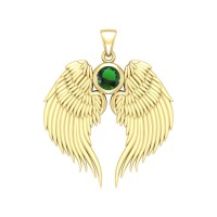 Guardian Angel Wings Gold Pendant with Emerald Birthstone 
