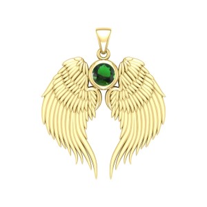 Guardian Angel Wings Gold Pendant with Emerald Birthstone 