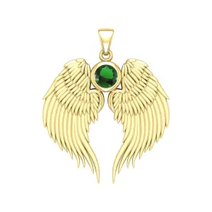 Guardian Angel Wings Gold Pendant with Emerald Birthstone 