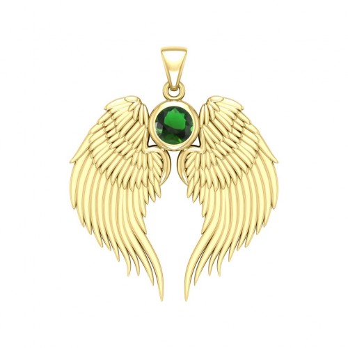 Guardian Angel Wings Gold Pendant with Emerald Birthstone 