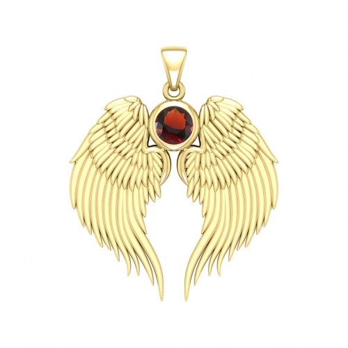 Guardian Angel Wings Gold Pendant with Garnet Birthstone 