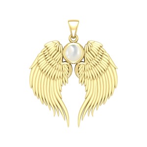 Guardian Angel Wings Gold Pendant with Mother of Pearl Birthstone 