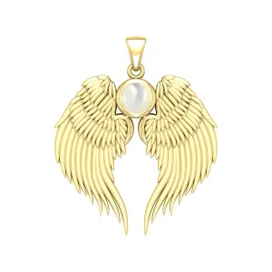 Guardian Angel Wings Gold Pendant with Mother of Pearl Birthstone 