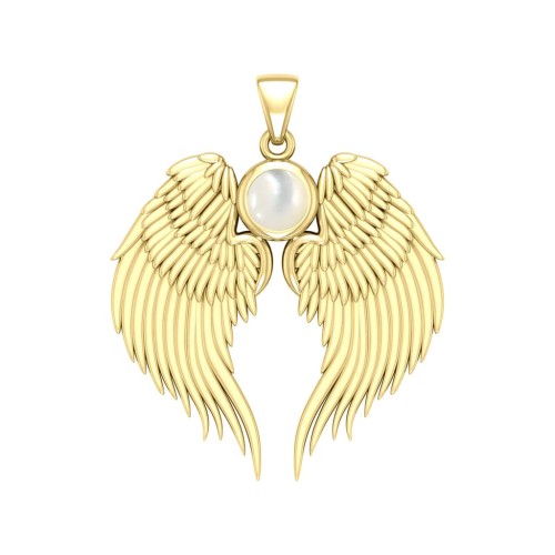Guardian Angel Wings Gold Pendant with Mother of Pearl Birthstone 