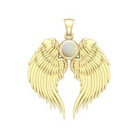 Guardian Angel Wings Gold Pendant with Opal Birthstone 