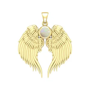 Guardian Angel Wings Gold Pendant with Opal Birthstone 