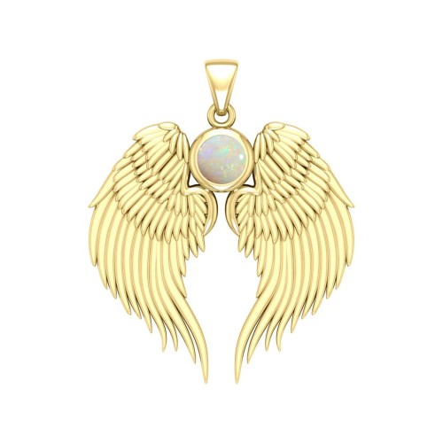 Guardian Angel Wings Gold Pendant with Opal Birthstone 
