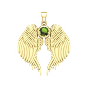 Guardian Angel Wings Gold Pendant with Peridot Birthstone 