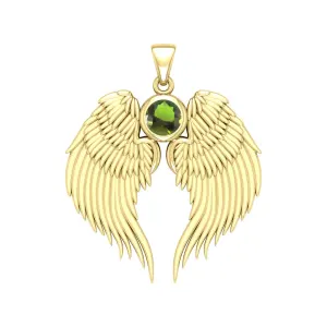 Guardian Angel Wings Gold Pendant with Peridot Birthstone 