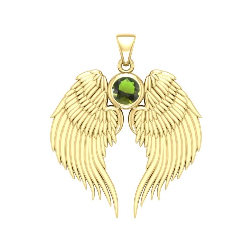 Guardian Angel Wings Gold Pendant with Peridot Birthstone 