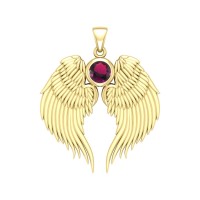 Guardian Angel Wings Gold Pendant with Ruby Birthstone 