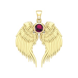 Guardian Angel Wings Gold Pendant with Ruby Birthstone 