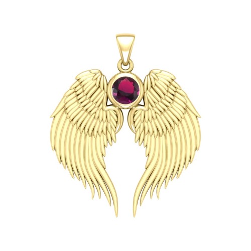 Guardian Angel Wings Gold Pendant with Ruby Birthstone 