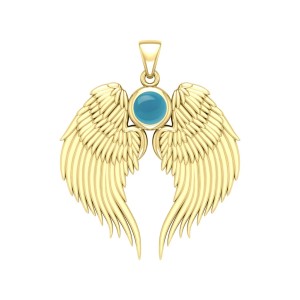 Guardian Angel Wings Gold Pendant with Turquoise Birthstone 