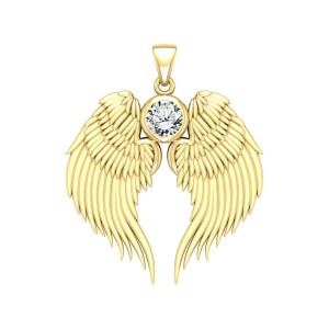 Guardian Angel Wings Gold Pendant with White Cubic Zirconia Birthstone 