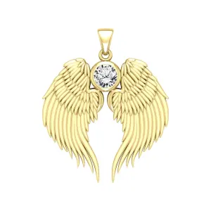 Guardian Angel Wings Gold Pendant with White Cubic Zirconia Birthstone 