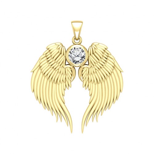 Guardian Angel Wings Gold Pendant with White Cubic Zirconia Birthstone 