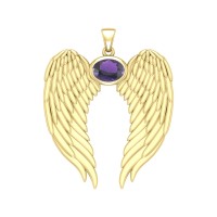 Guardian Angel Wings Gold Pendant with Oval Amethyst Birthstone 