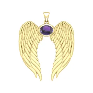 Guardian Angel Wings Gold Pendant with Oval Amethyst Birthstone 
