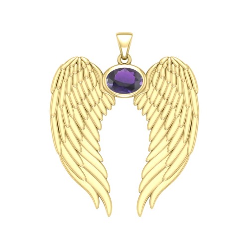 Guardian Angel Wings Gold Pendant with Oval Amethyst Birthstone 