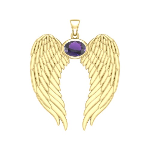 Guardian Angel Wings Gold Pendant with Oval Amethyst Birthstone 