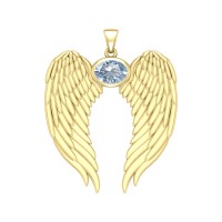 Guardian Angel Wings Gold Pendant with Oval Aquamarine Birthstone 