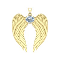 Guardian Angel Wings Gold Pendant with Oval Aquamarine Birthstone 