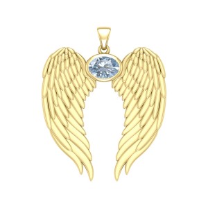 Guardian Angel Wings Gold Pendant with Oval Aquamarine Birthstone 