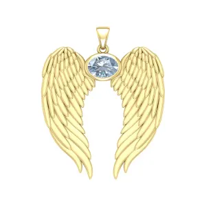 Guardian Angel Wings Gold Pendant with Oval Aquamarine Birthstone 