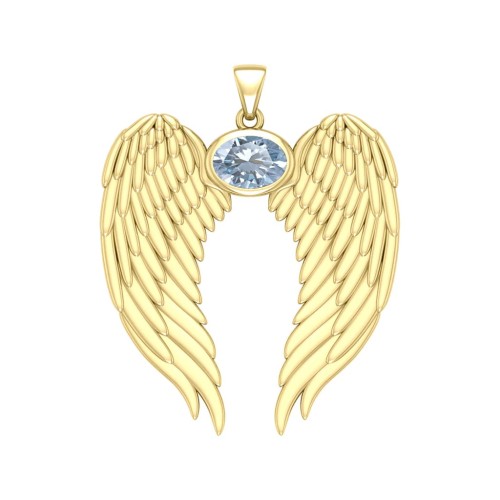 Guardian Angel Wings Gold Pendant with Oval Aquamarine Birthstone 