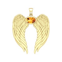 Guardian Angel Wings Gold Pendant with Oval Citrine Birthstone 