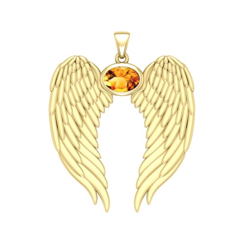 Guardian Angel Wings Gold Pendant with Oval Citrine Birthstone 
