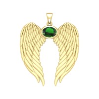 Guardian Angel Wings Gold Pendant with Oval Emerald Birthstone 