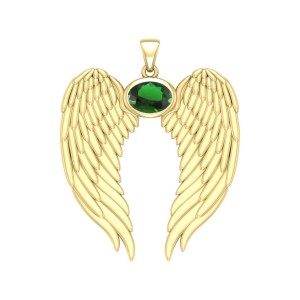 Guardian Angel Wings Gold Pendant with Oval Emerald Birthstone 