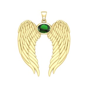 Guardian Angel Wings Gold Pendant with Oval Emerald Birthstone 