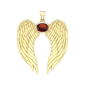 Guardian Angel Wings Gold Pendant with Oval Garnet Birthstone 