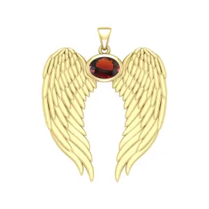 Guardian Angel Wings Gold Pendant with Oval Garnet Birthstone 