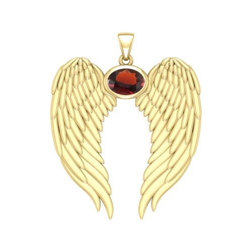 Guardian Angel Wings Gold Pendant with Oval Garnet Birthstone 